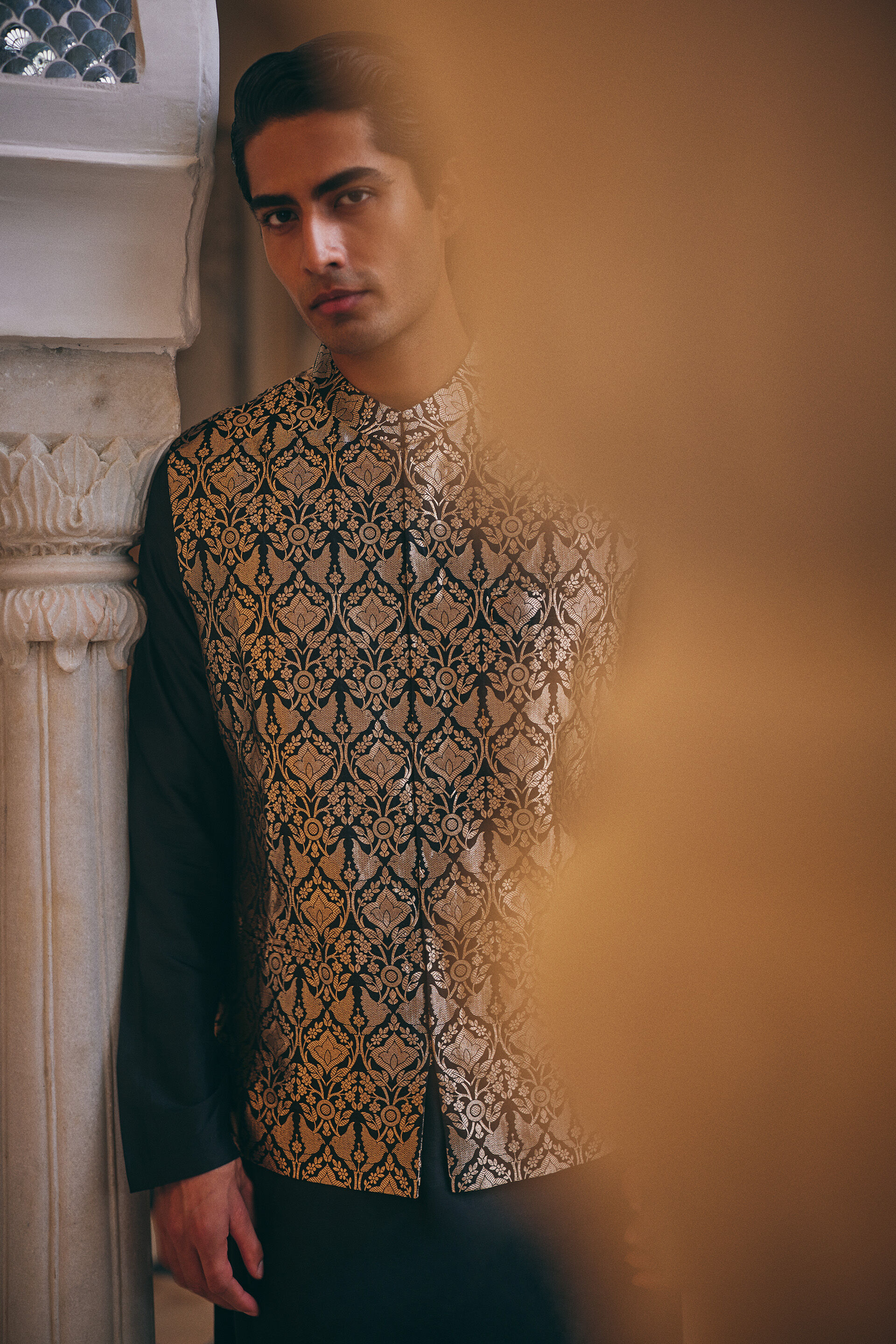 Swarank Handwoven Benarasi Silk Nehru Jacket - Black, Black, image 3